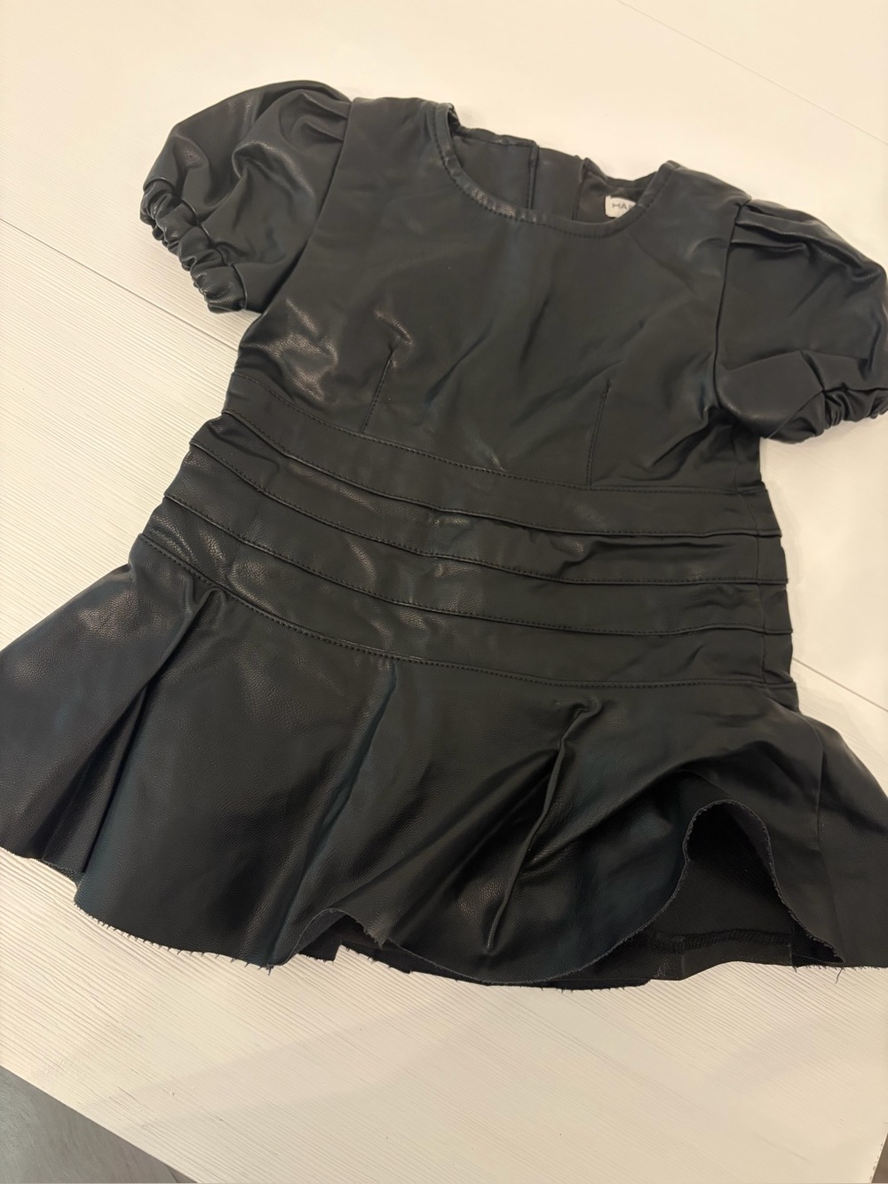 Girls Toddler Black Faux Leather Puff-Sleeve Dress (12 months)